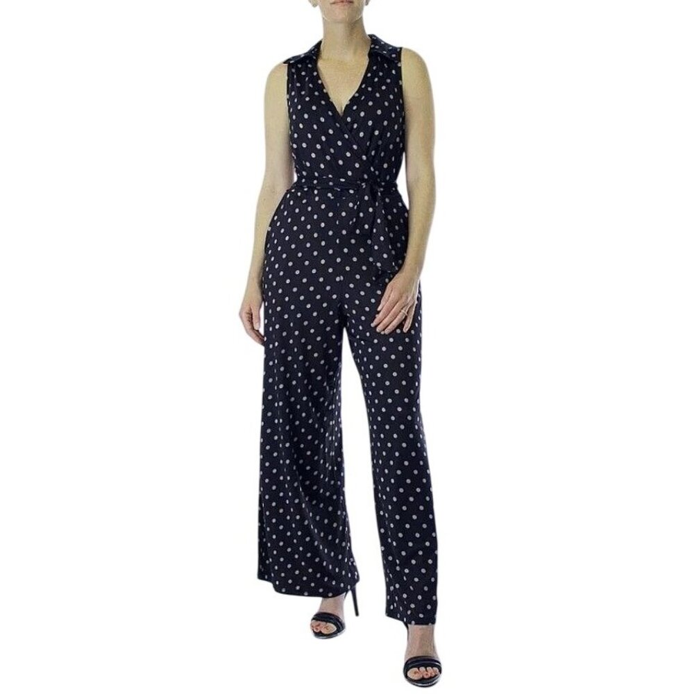 Nina Leonard Navy/White Polka Dot Collared Surplice Wide Leg Jumpsuit Size Large